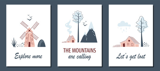 Set of minimalistic cards with northern landscapes. Windmill, birds, houses and spruces on white background. Nordic landscapes in limited colours. Travel, camp or nature concept. Vector illustration