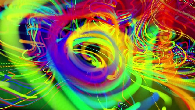 Visualization of neural network operation, multicolor bg. Abstract fast lines of light streaks in air. Stream of lines forms curled lines like glow light trails, swirling pattern like curle noise.