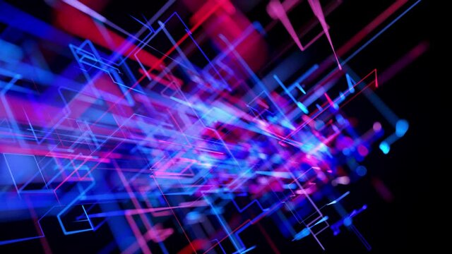 Motion graphics, sci-fi bg with flow of blue red neon glow lines form digital 3d space. Connection concept. Visualization of neural network operation, multiple calculations of various branches. 4K DOF