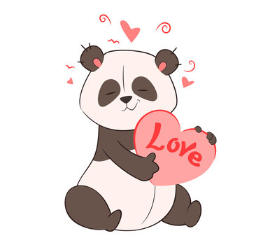 A cute panda holds in its paws a big heart with the inscription Love. Valentine's Day. Vector illustration, doodle, sketch, congratulation , cartoon