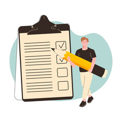 Business man holding giant pencil looking at completed checklist on clipboard marking tasks. Concept of effective daily planning and time management. Vector illustration web banner or ui character - obrazy, fototapety, plakaty