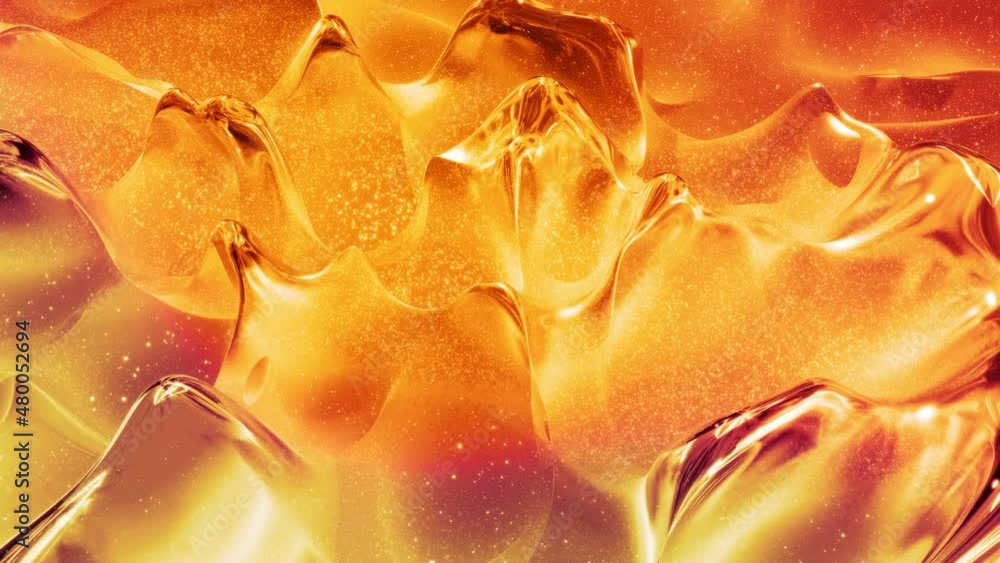 Poster looped abstract background with wavy sparkling golden liquid pattern on shiny glossy surface. viscou