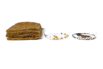 Micro greens seeds in petri dishes and jute microgreens grow mats on white background. Selective...