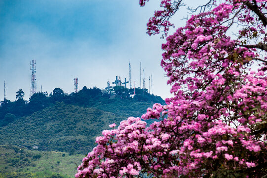 View of the iconic Hill of the Three Crosses at the city of Cali in Colombia
