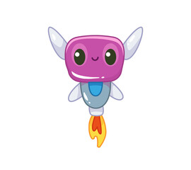 Cartoon purple robot in cute style for kids. Vector colorful illustration with outline. Space character drawing, isolated on white background. Cheerful robot kid with a smile.