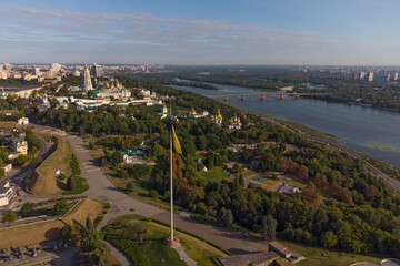 Kyivo-Pecherska Lavra and the Dnipro River , taken with drone, Ukraine - obrazy, fototapety, plakaty