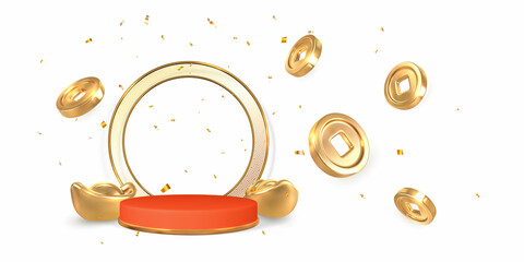 Happy Chinese New Year. Stage for product on cylinder podium with Chinese festivals shine lanterns and gold coins. Asian traditional elements. Vector illustration