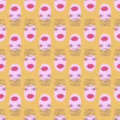 Decorative romantic style print with cute faces. Seamless pattern. Vector design for scrapbooking, wrapping paper, wallpaper, fabric, covers, manufacturing, stationery.