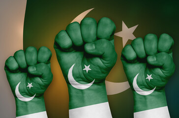 The Pakistan flag is drawn on a clenched fist and in the background.