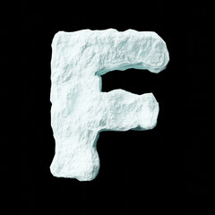 Snow letter F on black background isolated ice rock lime 3D render on a clean black background