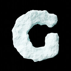 Snow letter G on black background isolated ice rock lime 3D render on a clean black background
