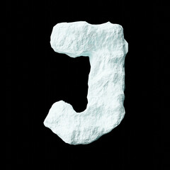 Snow letter J on black background isolated ice rock lime 3D render on a clean black background