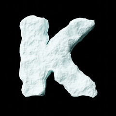 Snow letter K on black background isolated ice rock lime 3D render on a clean black background