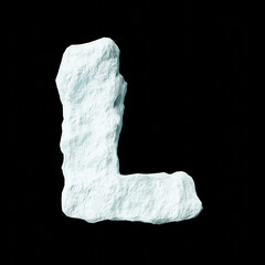 Snow letter L on black background isolated ice rock lime 3D render on a clean black background