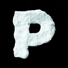 Snow letter P on black background isolated ice rock lime 3D render on a clean black background