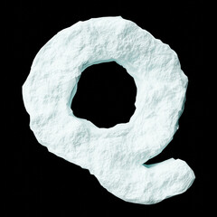 Snow letter Q on black background isolated ice rock lime 3D render on a clean black background