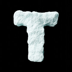 Snow letter T on black background isolated ice rock lime 3D render on a clean black background