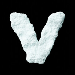 Snow letter V on black background isolated ice rock lime 3D render on a clean black background