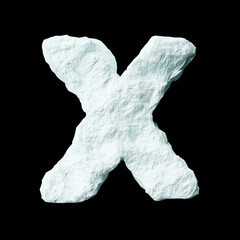 Snow letter X on black background isolated ice rock lime 3D render on a clean black background