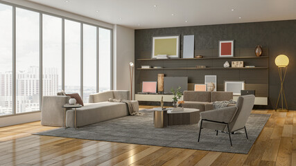 Illustration 3D rendering large luxury modern bright interiors Living room mockup computer digitally generated image