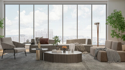 Illustration 3D rendering large luxury modern bright interiors Living room mockup computer digitally generated image