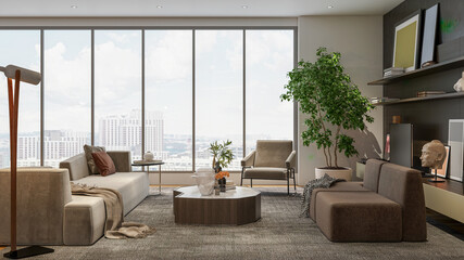 Illustration 3D rendering large luxury modern bright interiors Living room mockup computer digitally generated image