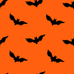 Halloween seamless vector repeat pattern with black bat silhouettes on orange background. Minimalistic Halloween backdrop.