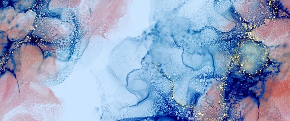 Orange and blue abstract illustration, wave smoke structure, original fluid abstract background made with alcohol ink texture, minimal modern watercolour painting, graphic for brochure or book cover
