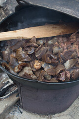 Cow skin and cow meat being cooked in a large pot, Nigerian kponmo or kpomo in a large pot, cooking cow hide or cow skin using firewood