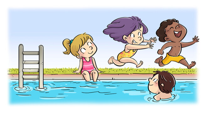 Illustration of kids playing in the pool