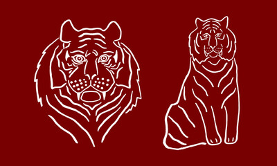 Two vector tigers. Illustration drawing by hands. Symbol of the year. 2022. Chinese New Year, oriental horoscope, cards, congratulations, tradition, white on red.