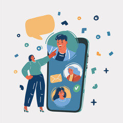 Vector illustration of woman with big giant smartphone with video call to another people Chat via mobile app. Video communication concept