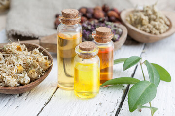 Glass bottles of essential oil with dried herbs on wooden background