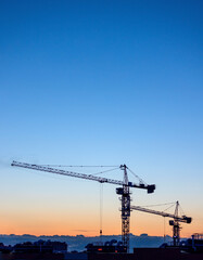 Silhouettes of tower cranes on construction site at sunset