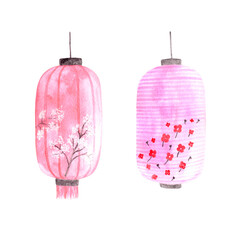 Watercolor painted traditional Japanese lanterns