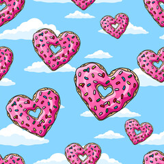 Donuts hearts with pink glaze and colored sprinkles  on blue sky background.  Seamless pattern. Texture for fabric, wrapping, wallpaper. Decorative print. - 480058464
