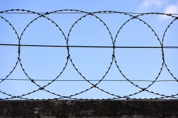 Razor barbed wire against blue sky