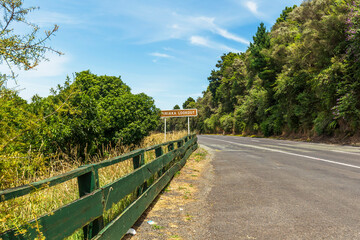 Fototapeta na wymiar Piriaka lookout sign on State Highway 49 in New Zealand
