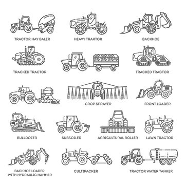 Set line icons of tractors. The set of Agricultural machinery.