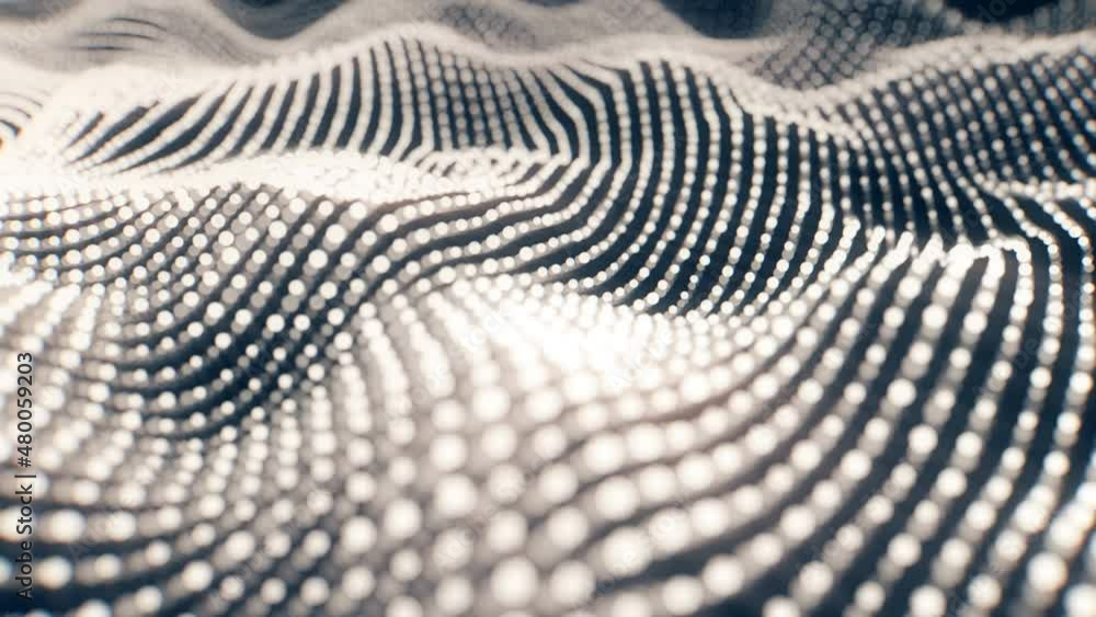 Poster abstract morphing waves glowing surface made by white dot trails flowing on black. wavy backdrop wit