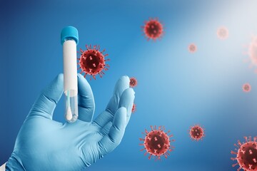 Omicron COVID-19 variant Coronavirus. Tubes with a strain of the virus in human blood.