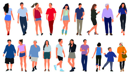 Cartoon men and women walking outdoors in the city. Flat colorful vector illustration
