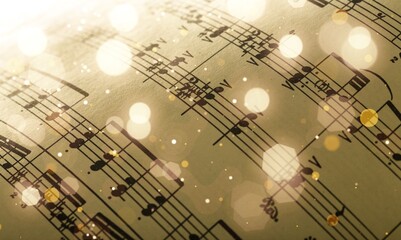 Old sheet with Christmas music notes as background bokeh