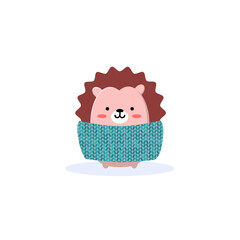 Cute funny hedgehog in kawaii style wrapped in a thick blue scarf. Vector illustration on a white, isolated background