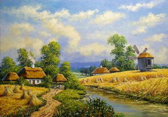 Oil paintings rural landscape, old village,  landscape in the village. Fine art, old farm house in the countryside