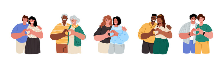 Different couples in love,guy,seniors,race,gender.Making love shape with hands