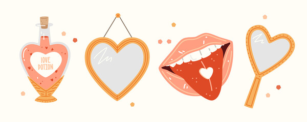 Valentine's Day set. Two heart-shaped mirrors, open mouth with pink lips and tongue sticking out, love potion