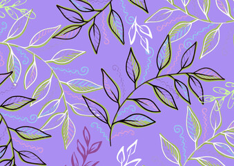 Spring violet Background. Colorful branches with leaves. Line art illustration. Provence Backdrop. Green, white, blue, brown and black vintage leaf