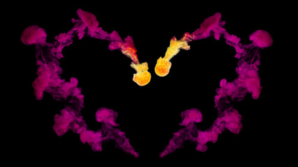 Fiery heart, 3d render. Heart-shaped flame on a black background. Fire with pink smoke