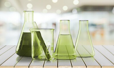 Glass tubes cosmetic bottle containers and scientific glassware. Research product concept.